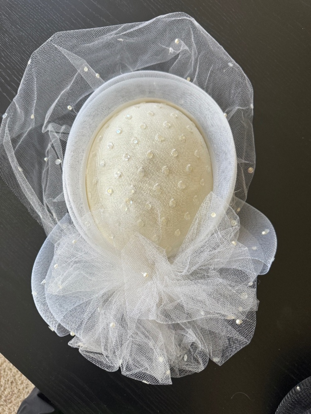 Whittall & Shon Vintage Ivory Fascinator Hat with Veil Pearls Sequins